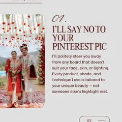 My first glam rule: I'll say no to your Pinterest pic if it doesn't suit you. My job is to create a look tailored to your unique beauty, not to copy someone else's highlight reel. Your face is unique, and your makeup should be too.