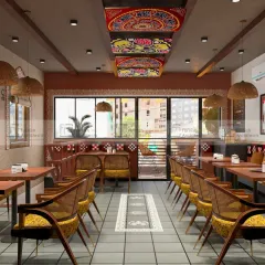 This cafe design is inspired by the rich culture of Odisha. We used traditional Pattachitra art on the ceiling, rustic terracotta colors, and cane furniture to create a cozy and culturally immersive dining experience.