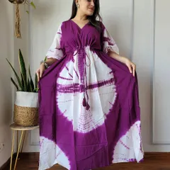 A striking purple and white tie-dye kaftan with a circular pattern. The soft cotton fabric and free-size design make it an incredibly comfortable and stylish choice.