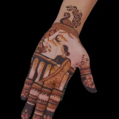 A special design for the Teej festival, depicting a woman waiting on her balcony for the moon. This is an example of how I can bring festive stories to life through henna.