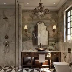 Luxury Victorian washroom feels. This design incorporates vintage fixtures, a landscape wallpaper mural, and a striking black and white patterned floor to evoke a sense of history, luxury, and sophistication.