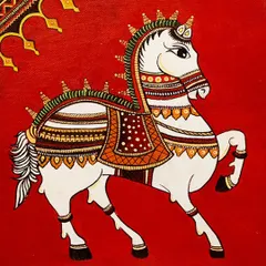 A vibrant painting of a decorated horse in a traditional Indian folk art style. We explore various regional styles, celebrating the color and pageantry of Indian culture.