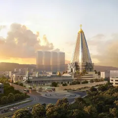 A daytime render of the Hare Krishna Tower in Hyderabad. The design features a towering shikhara inspired by traditional temple architecture, placed atop a modern complex that serves the wider community's cultural and charitable activities.