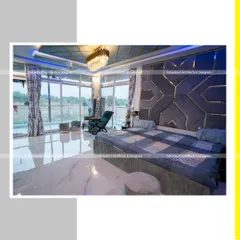 The master bedroom at Rock Villa, where I brought the resort feel indoors. The design combines a custom geometric headboard, elegant lighting, and floor-to-ceiling windows to create a luxurious space that still feels connected to the surrounding views.