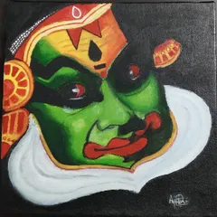 Here is a close-up portrait of a Kathakali performer, a classical dance-drama from Kerala. I focused on the dramatic expression and the bold, traditional makeup, using Fevicryl acrylics on an 8x8 inch canvas to bring this powerful character to life.