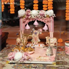 Elevate your sacred space with this exquisite Shreenathji mandir. Inspired by Pichwai art, this setup features a divine depiction of Shreenathji, a silver bell, and ornate details, fusing heritage with contemporary design for homes and offices.
