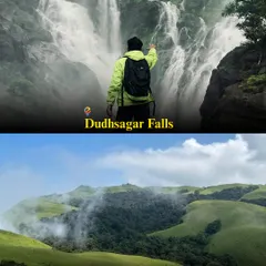 A trekker stands before the mighty Dudhsagar Falls during peak monsoon. We trek right to the base for this incredible, up-close experience.