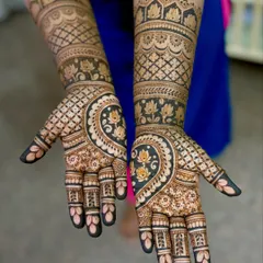 A straight-on view of Supriya's engagement mehendi, showing the beautiful symmetry and intricate patterns.