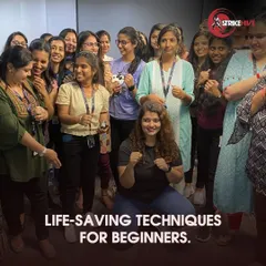 Our founder, Lipika, leads a group of women in a beginner-friendly self-defense drill at their workplace. We ensure every session is inclusive and accessible, creating a comfortable space for everyone to learn life-saving techniques regardless of their fitness level.