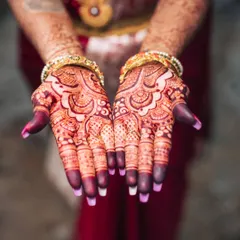 The result of my all-natural henna paste is this stunning, deep maroon stain. I am very particular about using high-quality ingredients to ensure a rich and long-lasting color for your special day.