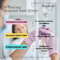 Here are more of my specialized IV formulations. The Skinpheras Flush Drip helps detoxify your system, the Balance Boost Drip supports hormonal harmony, and the Stress Relief Drip helps you relax and unwind.