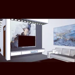 This 3D render shows a contemporary living room interior I designed. The focus is on a sleek TV unit with a dramatic marble-effect backdrop, integrated storage, and ambient lighting to create a sophisticated entertainment space.