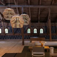 In a rustic space with high, exposed-beam ceilings, a trio of Kuulto pendants from Secto Design adds warmth and organic texture. The handcrafted Finnish birch slats create a soft, inviting light, illustrating my passion for sustainable materials and sculptural forms that complement natural architecture.