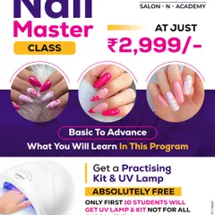 Become a certified nail artist with our focused Nail Master Class. This poster details our affordable program that takes you from basic to advanced skills, with a special offer of a free practicing kit and UV lamp for the first 10 students.