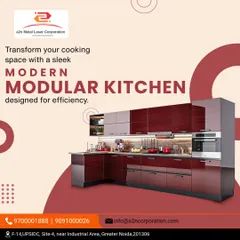 We offer a wide range of finishes, including this bold, high-gloss red modular kitchen. The design incorporates an ergonomic L-shape layout, built-in oven tower, and ample overhead and under-counter storage, proving that practical kitchens can also be statement pieces.