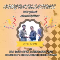 Congratulations to our coach Venu Gopal for his achievement at the KSC Rapid Open Tournament 2023. Our coaches lead by example.