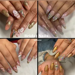 Here's a collage of some of my favorite bridal nail inspirations. You can see a variety of styles, from 3D floral work and heavy crystals to elegant gold chrome and intricate line art, showing the range of custom looks we can create for your wedding events.
