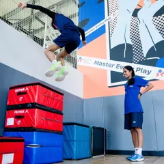 Box jumps are a core part of our plyometric training. Under the guidance of our coaches, athletes develop explosive power, improve their vertical leap, and learn proper landing mechanics to protect their joints.