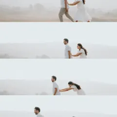 A sequential collage telling a playful story of the bride-to-be chasing her partner, capturing their fun and lighthearted connection.