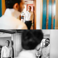 A candid moment of friendship, as the groom's friend looks on while he gets ready. The black and white filter adds a timeless and documentary feel.