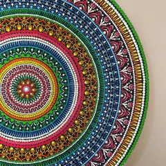 Another perspective of my large dot mandala, highlighting the vibrant rings of color. This piece is currently available for purchase.
