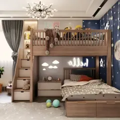 We created a celestial-themed room with this wooden loft bed. Featuring star-shaped lights and a "hello" neon sign, this design combines a cozy sleeping area with ample under-bed storage and a separate desk.