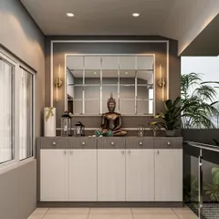 We transformed this balcony into a peaceful prayer nook. The compact cabinet provides storage, while the Buddha statue and mirrored backdrop create a serene space for reflection with a view.