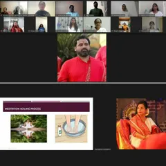 A screenshot from our Pancha Bhuta Shuddhikaran Kriya virtual event. This collage shows participants online alongside a presentation slide detailing the meditation healing process, illustrating how we combine teaching with practical application.