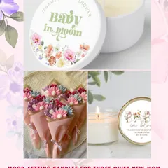 A mood board for a "Baby in Bloom" theme, showing how I pair items like custom-labeled candles and floral-themed treats.