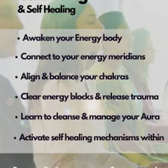 This graphic outlines the key benefits of the Chakra Balancing workshop. You will learn to awaken your energy body, clear blocks, and activate your own self healing mechanisms through guided practices.