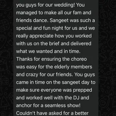 "Couldn't have asked for a better duo." This client had a clear vision on an excel sheet, and we loved bringing it to life, ensuring the choreography was easy for elders and crazy for friends.