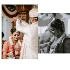 A diptych showing the Akshataropanam ritual, where the couple showers each other with sanctified rice. We capture this joyous moment in both rich color and timeless black and white.