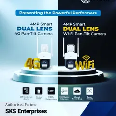 This graphic showcases Trueview's powerful dual-lens pan-tilt cameras, available in both 4G and Wi-Fi models. The dual-lens setup allows for enhanced zoom capabilities and wider coverage from a single device.
