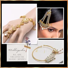 Glam up like a diva with my lavish accessories. This collage shows a Kundan hathphool (hand ornament), a passa (side tika), and a delicate nath (nose ring), all available to rent.