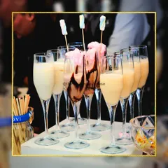 A lineup of our decadent dessert cocktails. We offer a variety of sweet concoctions, including chocolate shakes and creamy vanilla and caramel drinks, all beautifully presented.