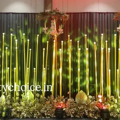 This image shows our sangeet stage with dynamic lighting. The green light projected onto the gold pillars creates a different mood, showing how we can change the ambiance with our lighting design.