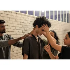 Our workshops go beyond typical team-building. We use somatic techniques to help team members connect on a deeper level, offering support and building empathy. This image captures a moment of profound, non-verbal communication and collective care.