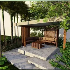 Here is a design concept for a contemporary garden gazebo. Set on a raised marble-finish platform, this structure acts as a destination within the landscape, offering a sheltered and elegant spot for conversation and relaxation.