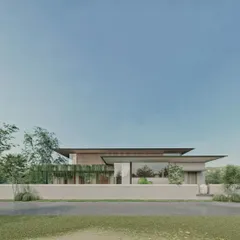 The street view of the Sanctuary Residence shows a composition of clean lines and natural materials, with a low wall providing privacy while hinting at the serene spaces within.