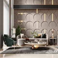 A closer look at the seating area in the duplex living room, highlighting the plush curved sofas, textured 3D wall panels, and integrated vertical lighting.