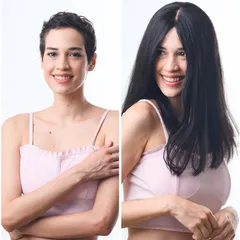 This transformation is incredibly special to me. For clients experiencing significant hair loss, a high-quality wig can be life-changing. This shows the journey from a short pixie cut to long, flowing, natural-looking hair, restoring not just length but also a feeling of wholeness.