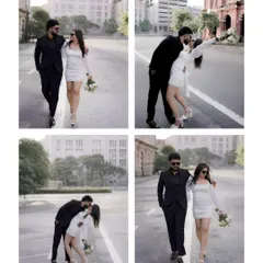 A collage showcasing different moments from their city shoot. It includes a playful dip and kiss, a confident walk, and a romantic embrace, demonstrating the variety of dynamic and stylish shots we can achieve in an urban environment.