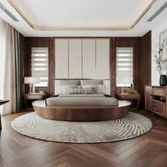 A luxurious master bedroom with a unique circular bed and a dark wood-paneled wall, creating a sophisticated and grand statement.