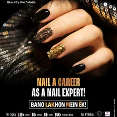 We teach you to create bold, glamorous looks that make a statement. This design combines a textured gold glitter accent nail with sleek, matte black polish, perfect for clients who want to stand out.