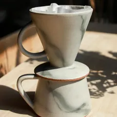 This pour-over set features a smoky, marbled look created by combining a glaze with an oxide wash. It's a different way to achieve a Neriage-like effect, and I was pleasantly surprised by the result.