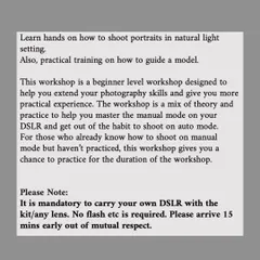 Here are the key details for the portrait workshop. I make sure we cover practical skills, like how to shoot in natural light and, just as importantly, how to guide someone to get a great, unposed shot. It’s all hands-on learning.