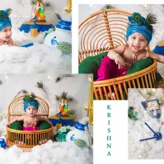 A collage from our mini Janmashtami setup, showing a baby boy as the playful Kanha. We include props like a flute, peacock feathers, and a pot of butter.