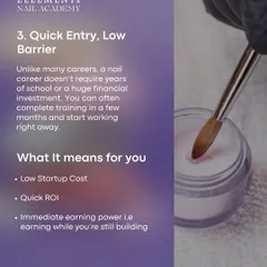 Reason 3: Quick Entry, Low Barrier. Unlike many careers, you can complete training in a few months and start working right away with a low startup cost and quick return on investment.