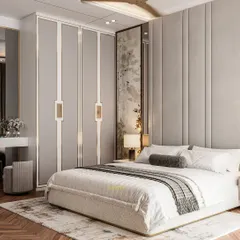 A view of the wardrobe and dressing area in a master bedroom render. The design uses a consistent color palette and materials to create a cohesive and serene space, planned in detail before execution.