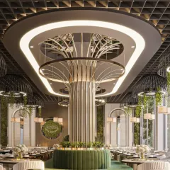 For this restaurant, I designed a central seating area around a striking metallic column that branches out across the ceiling. The combination of green velvet, custom lighting, and a grid ceiling creates a sophisticated and memorable fine dining atmosphere.